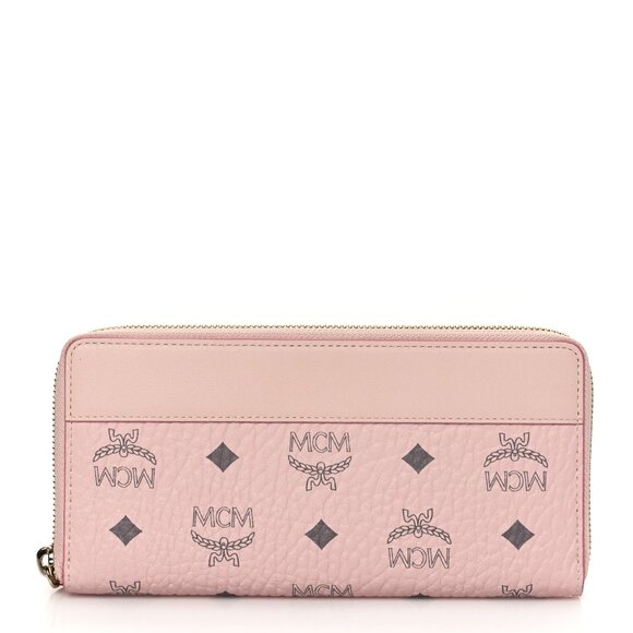 MCM Visetos Large Zip Around Wallet Powder Pink